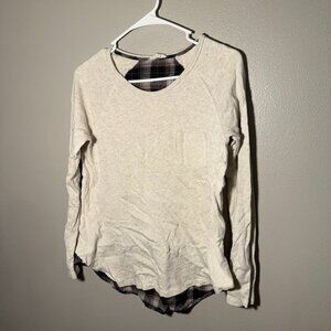 Hem & Thread top - cream and plaid accent